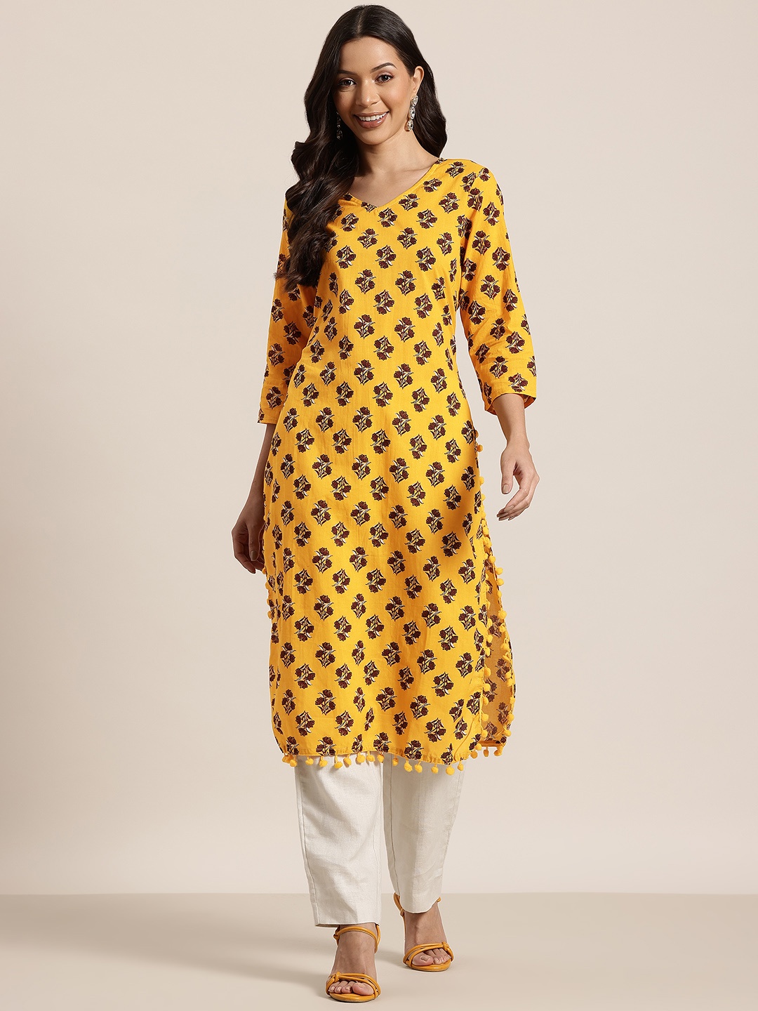 

HERE&NOW Women Floral Printed Kurta, Mustard