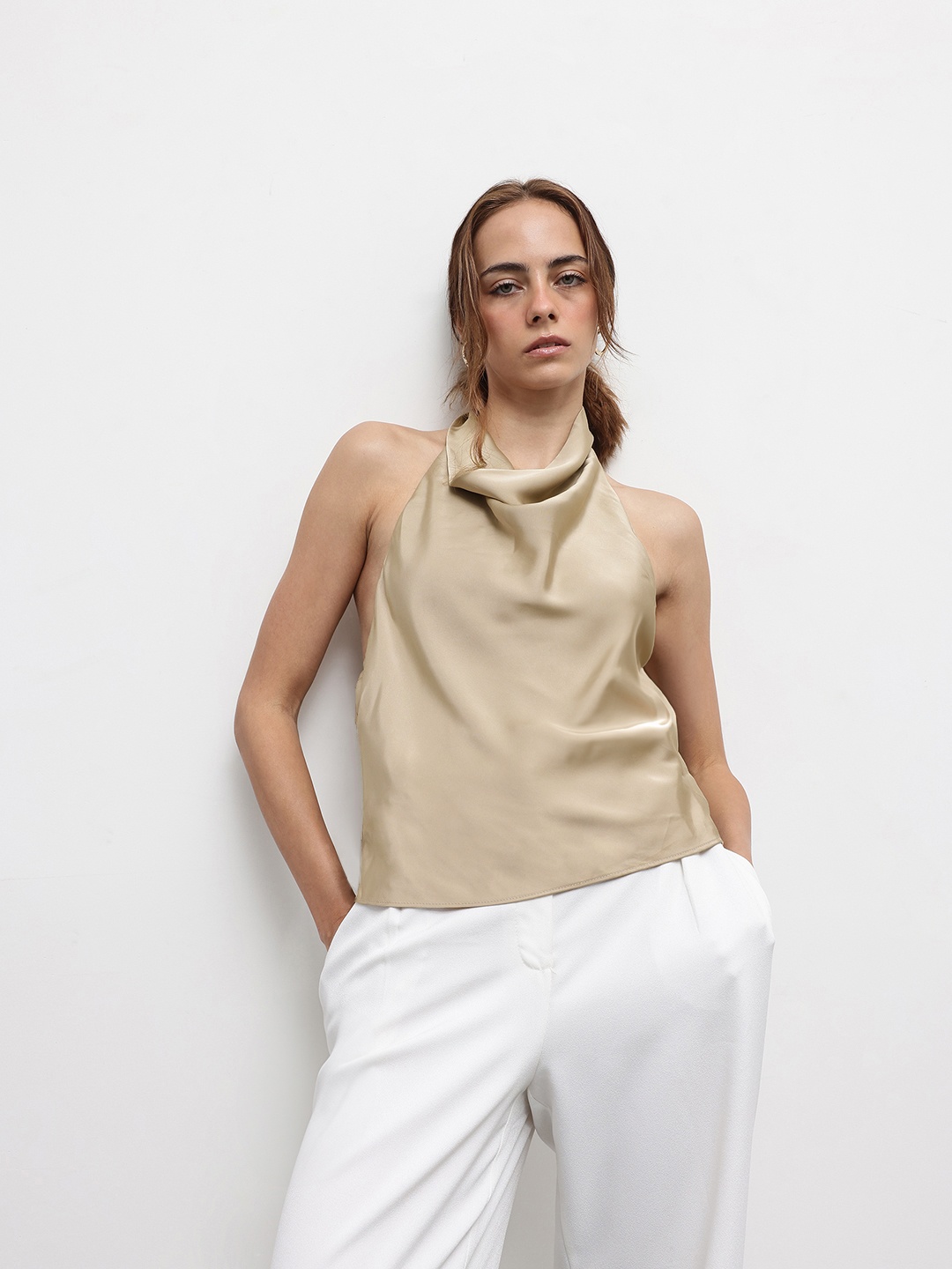 

ZARA Halter Neck Backless Satin Finish Top, Beige