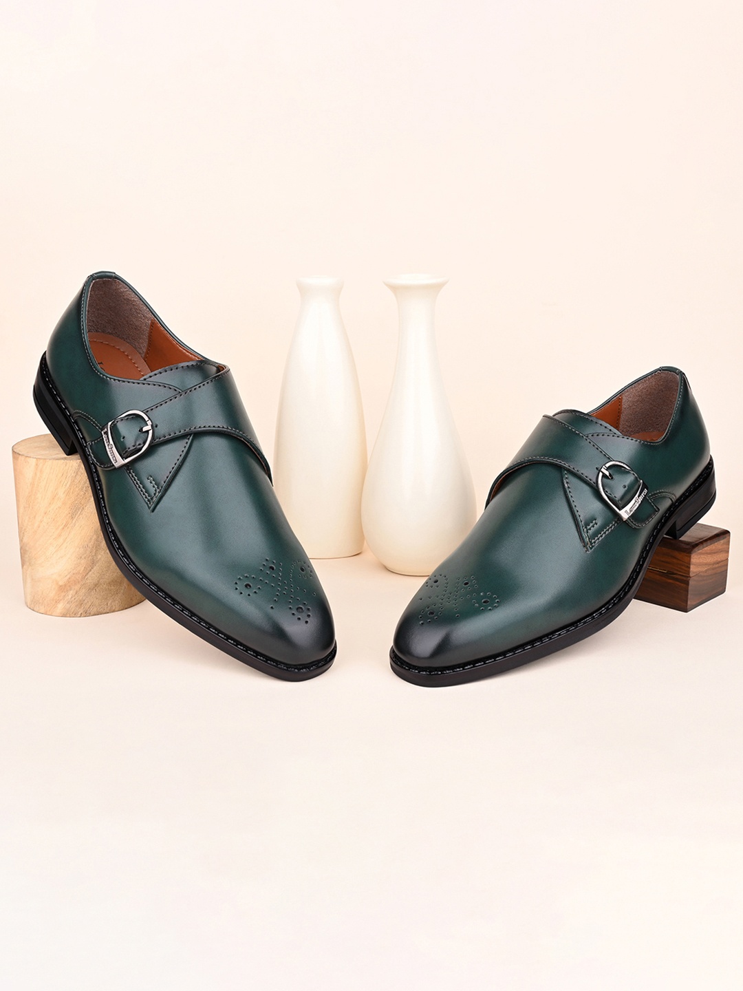 

LOUIS STITCH Men Seaweed Green Formal Slip-On Monk Shoes
