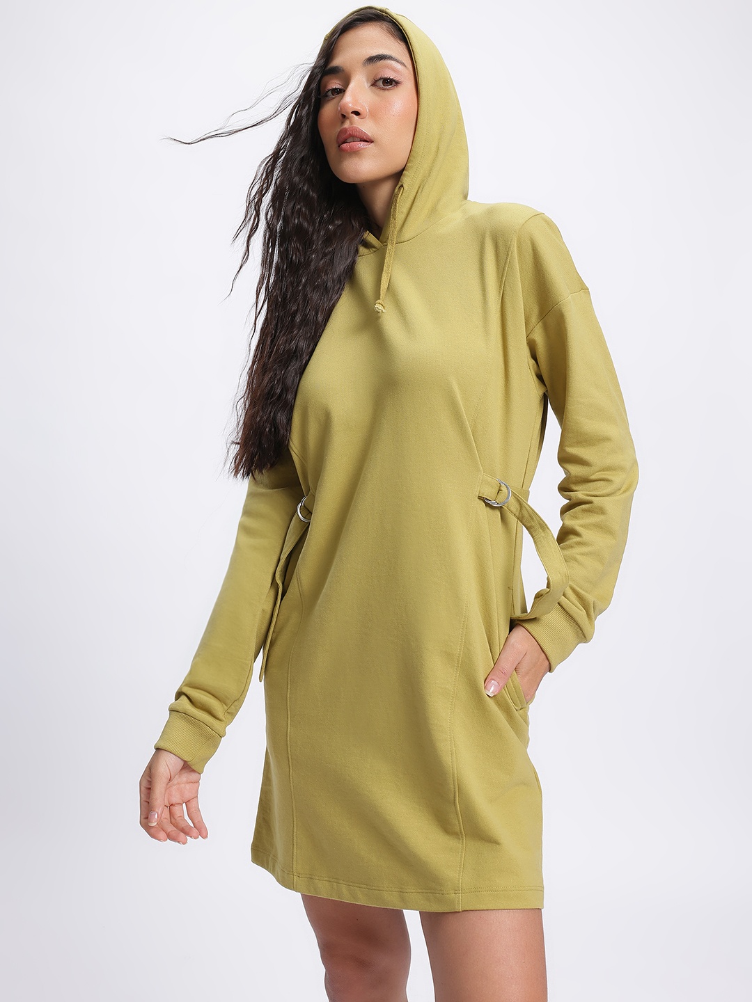 

DressBerry Utility Weave Belted Hooded Sweatshirt Dress, Green