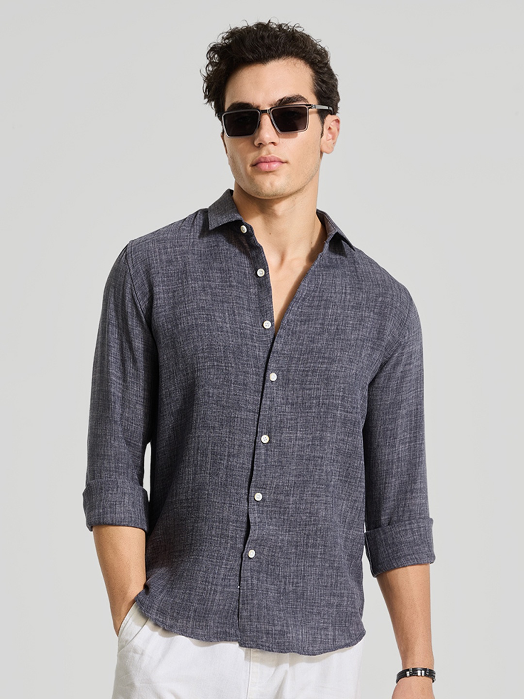 

Snitch Men Smart Slim Fit Textured Opaque Casual Shirt, Navy blue