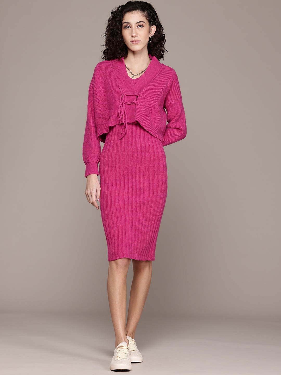 

Roadster Woollen Bodycon Dress with Shrug, Fuchsia