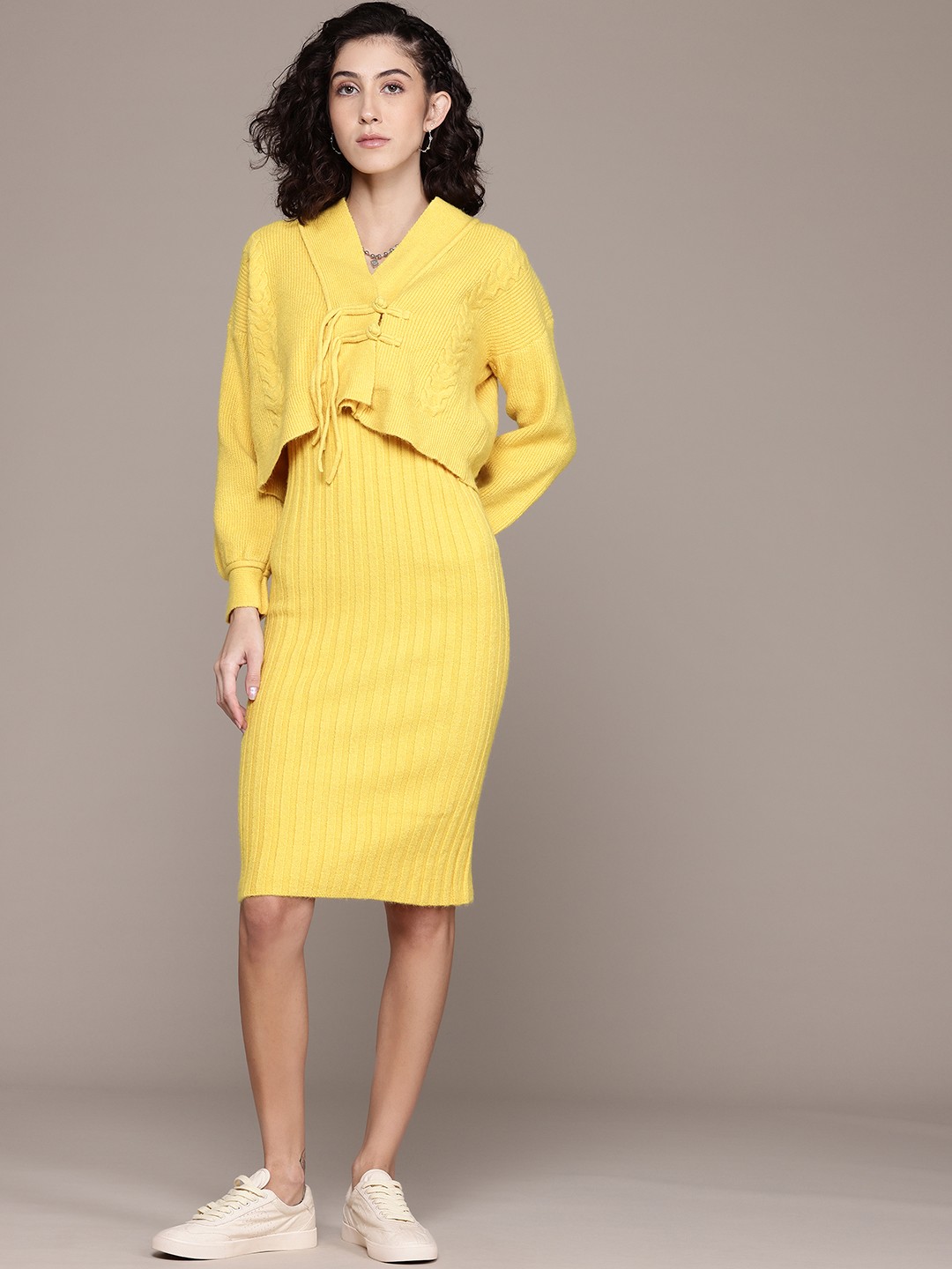 

Roadster Woollen Bodycon Dress with Shrug, Yellow