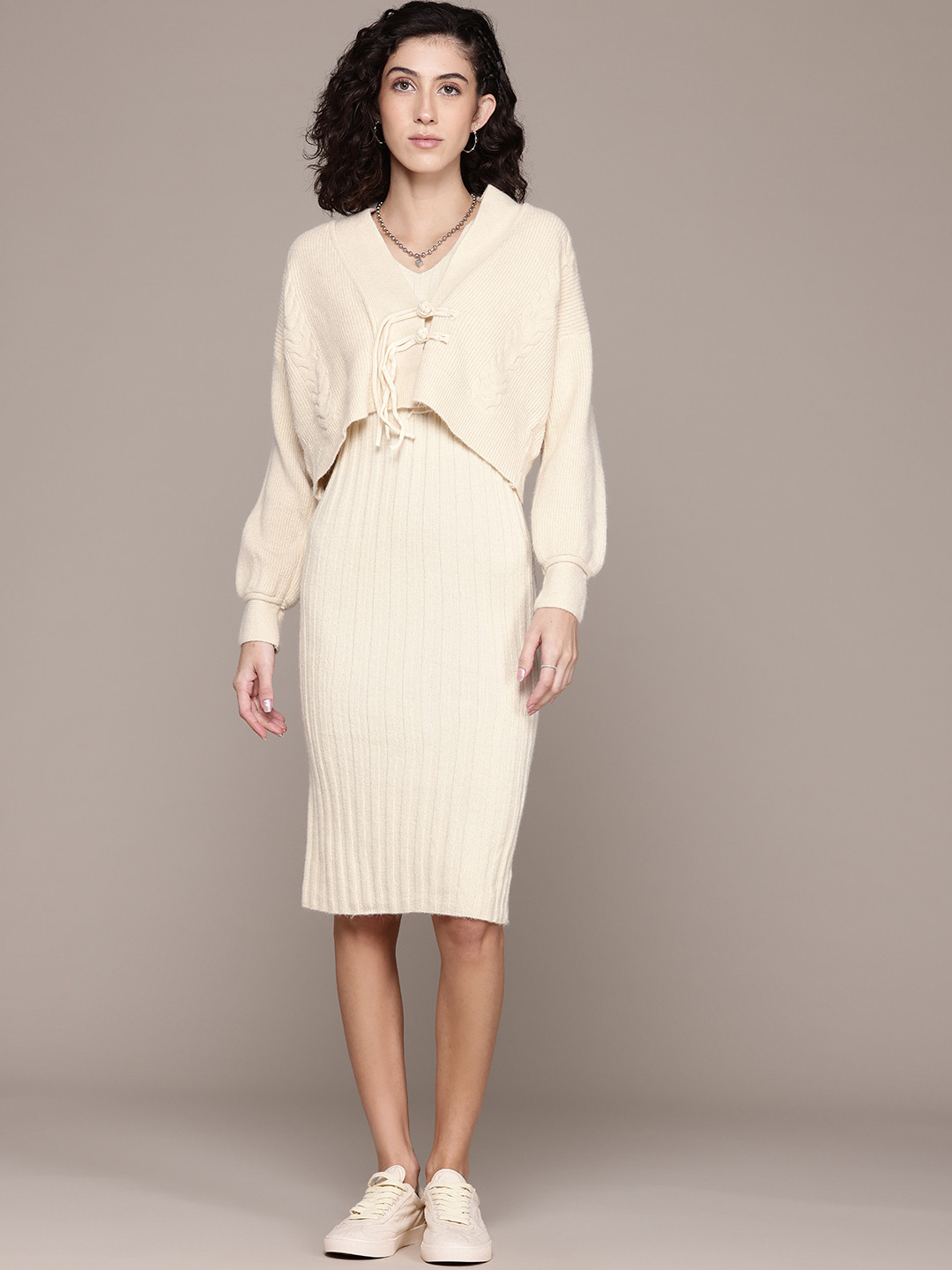 

Roadster Woollen Bodycon Dress with Shrug, Cream