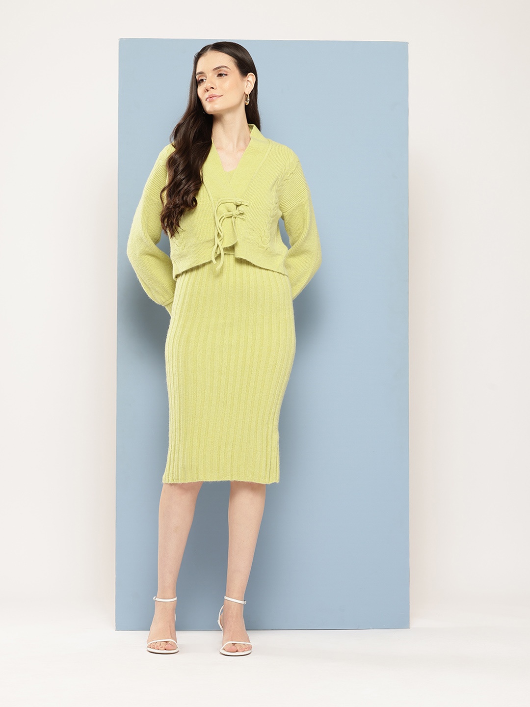 

Chemistry Woollen Sheath Dress with Shrug, Lime green
