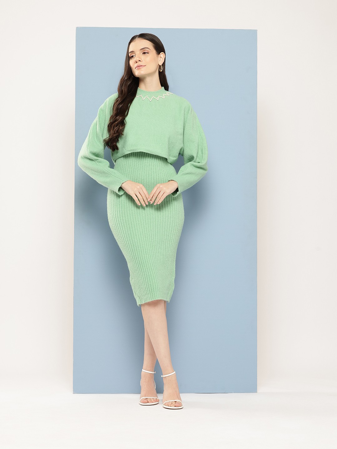 

Chemistry Woollen Sheath Dress with Embellished Top, Green