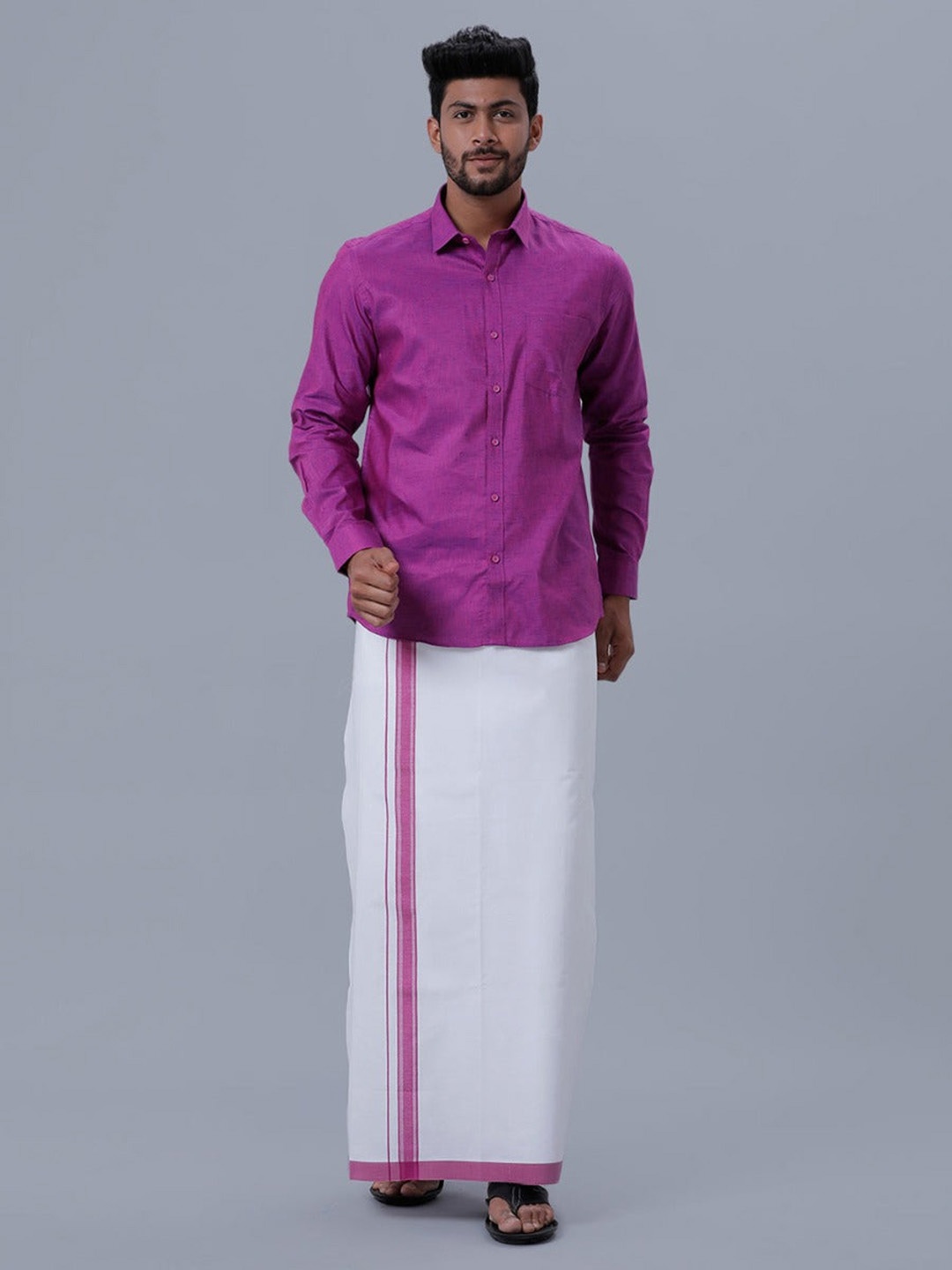 

Ramraj Men Pure Cotton Shirt With Adjustable Dhoti, Pink