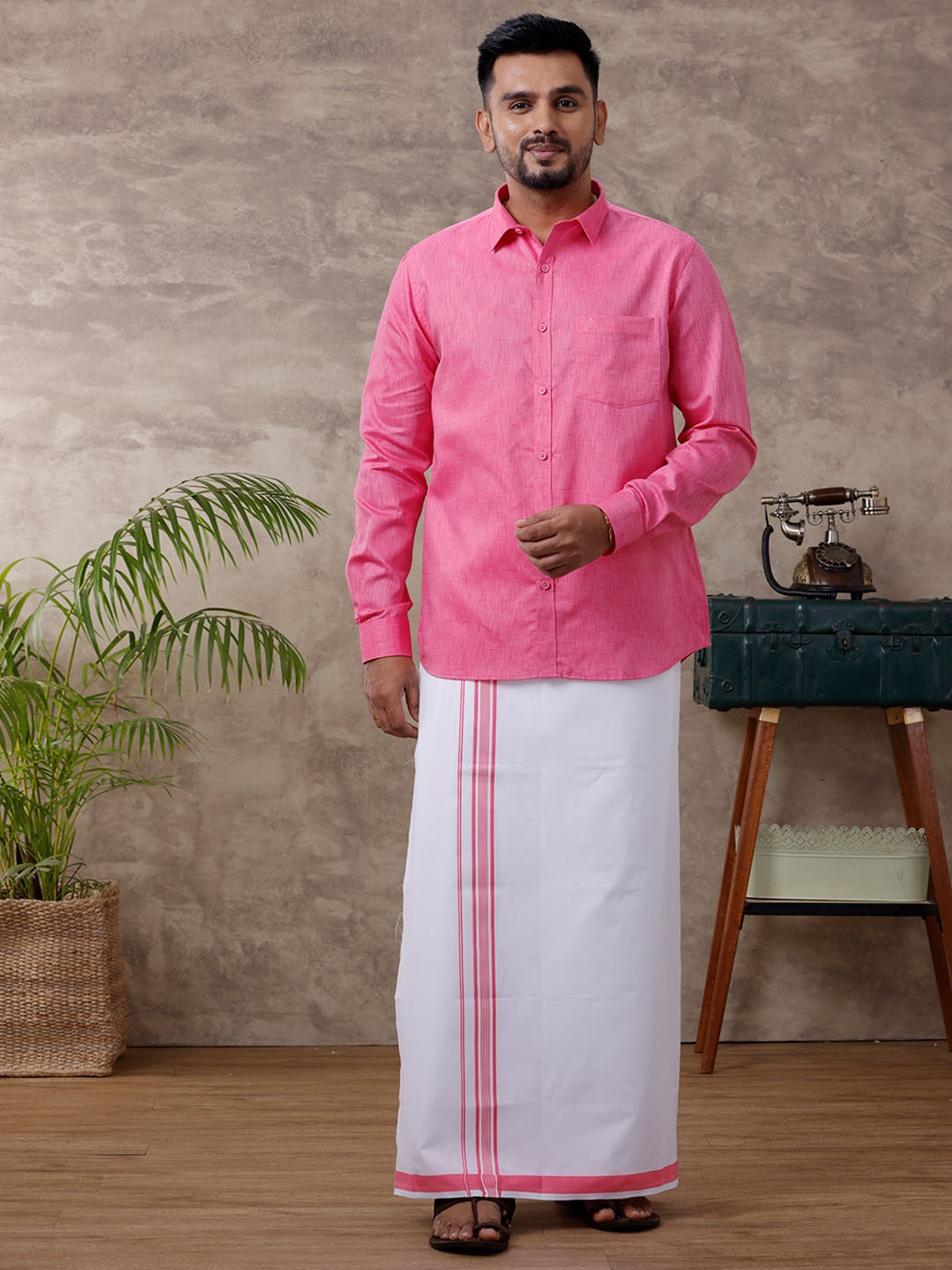 

Ramraj Men Pure Cotton Shirt With Adjustable Dhoti, Pink