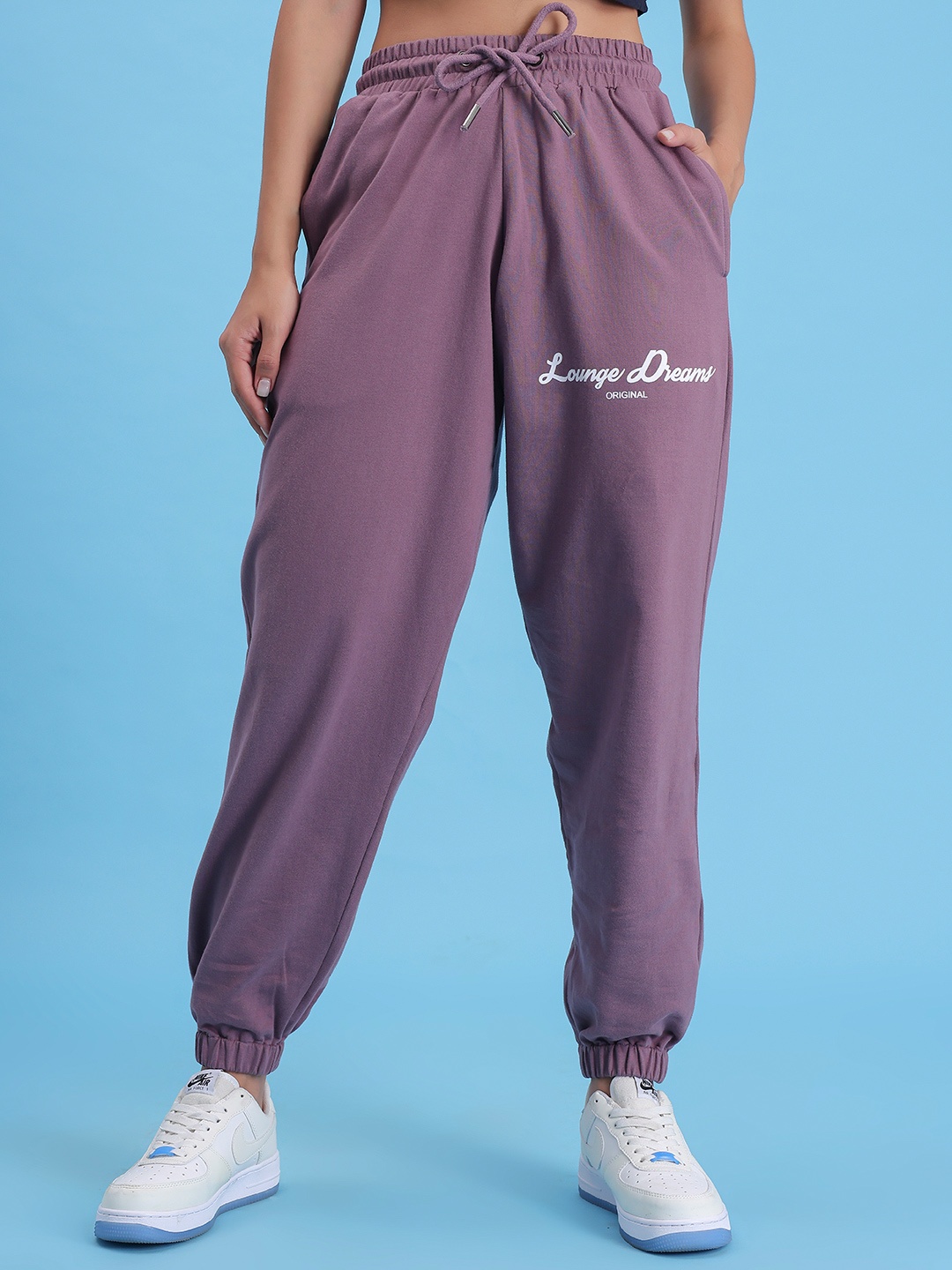 

Lounge Dreams Women Typography Printed Pure Cotton Relaxed-Fit Joggers, Lavender