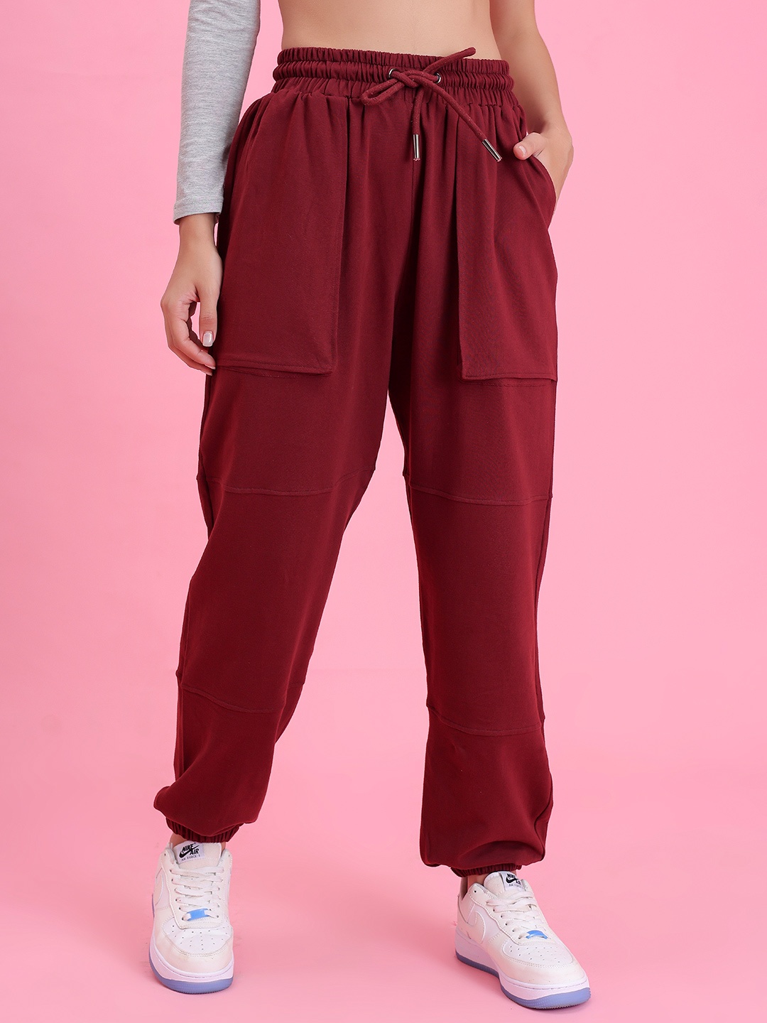 

Lounge Dreams Women Pure Cotton Relaxed-Fit Mid-Rise Joggers, Maroon