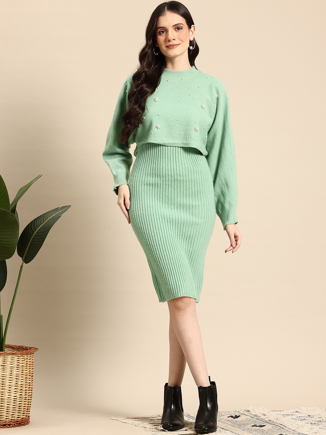 

Mast & Harbour Two Piece Woollen Sheath Dress, Green