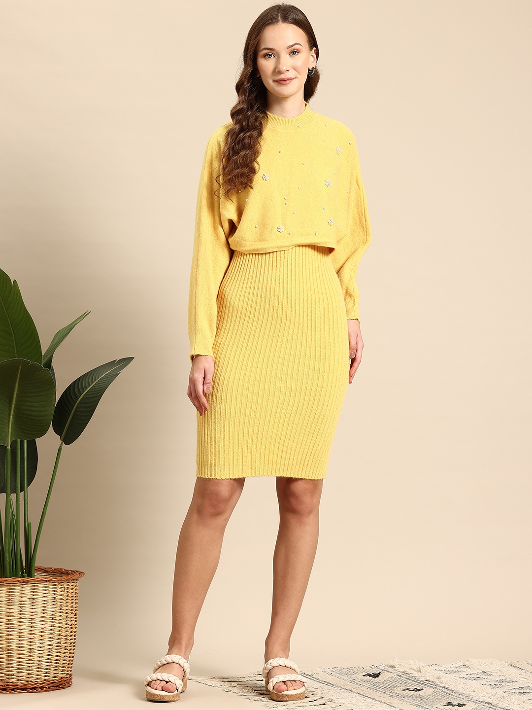 

Mast & Harbour Two Piece Woollen Sheath Dress, Yellow