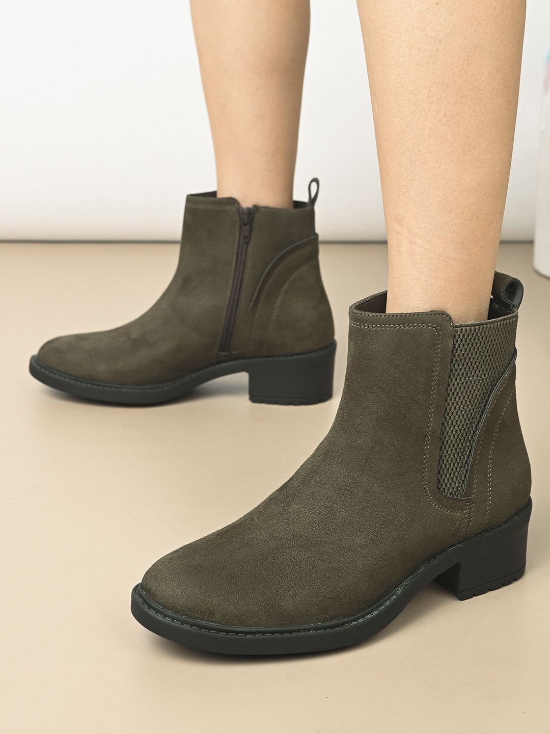 

The Roadster Lifestyle Co Women Block Heeled Boots, Olive
