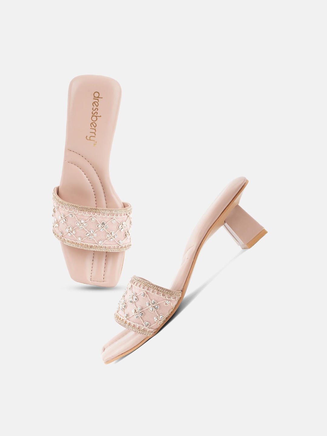 

DressBerry Stone And Beads Block Sandals, Nude