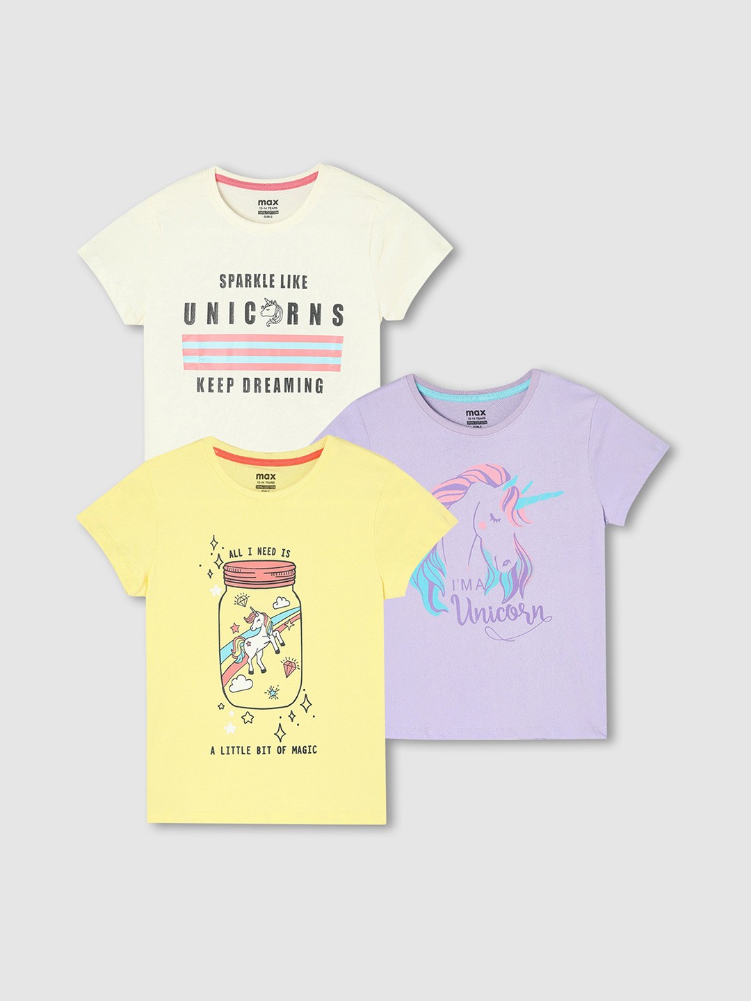 

max Girls Pack of 3 Typography Printed Cotton T-shirts, White