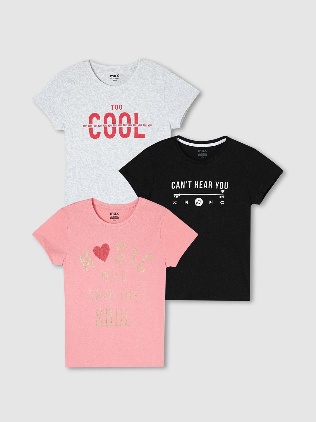 

max Girls Pack Of 3 Typography Printed Pure Cotton T-shirts, Grey
