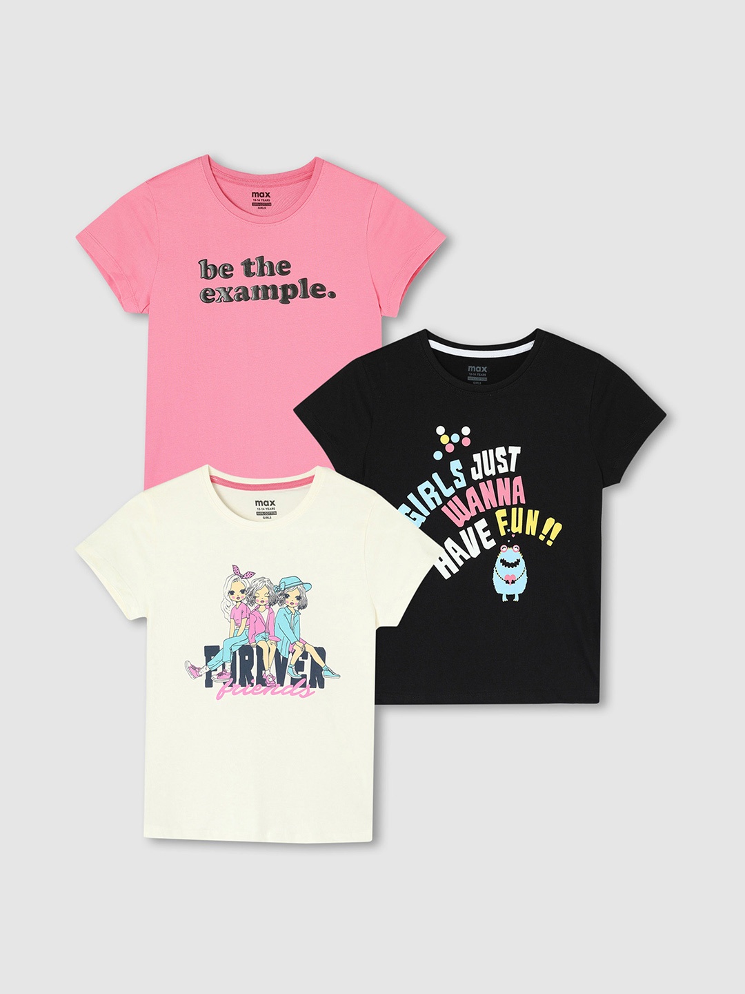 max Girls Pack of 3 Typography Printed Cotton T-shirts, Peach