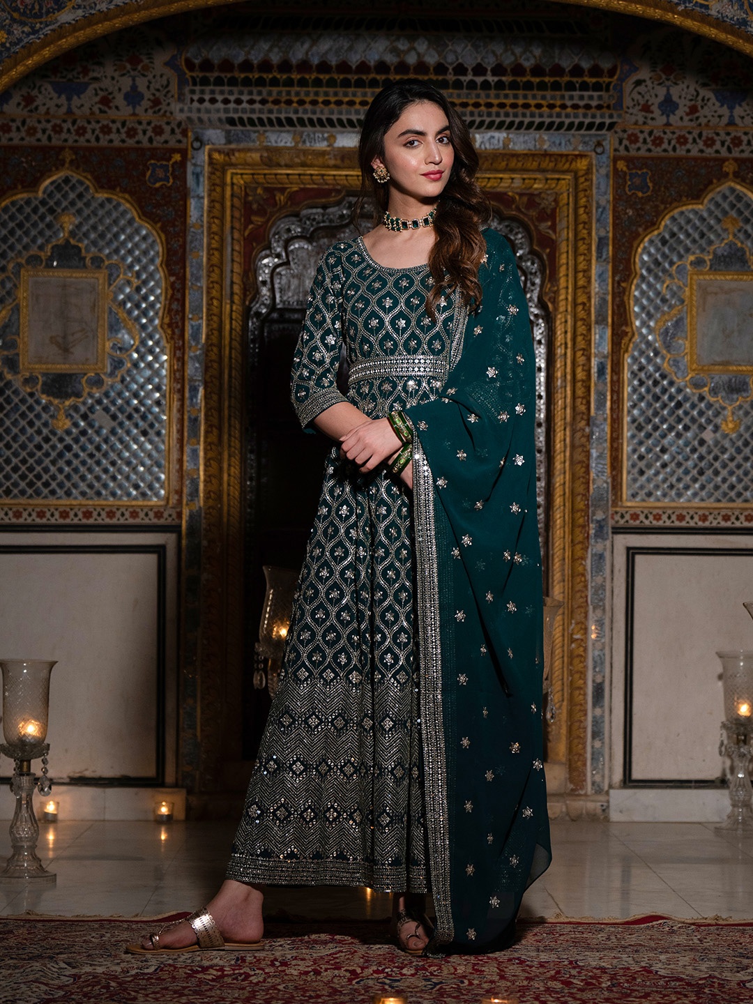 

AURELIA Embroidered Fit & Flare Maxi Dress, Green
