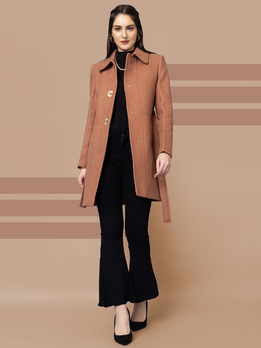 

The Roadster Lifestyle Co. Women Solid Single Breasted Woollen Overcoat With Belt, Rust