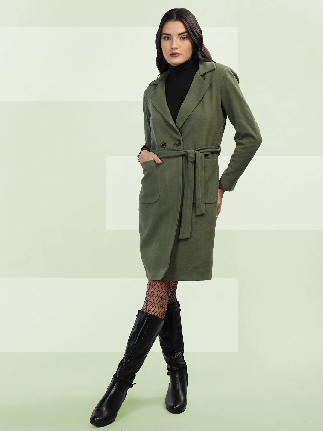

The Roadster Lifestyle Co. Women Solid Double Breasted Woollen Trench Coat With Belt, Olive