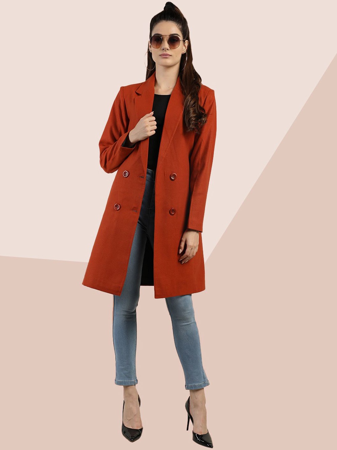 

The Roadster Lifestyle Co. Women Double-Breasted Solid Woollen Overcoat, Rust