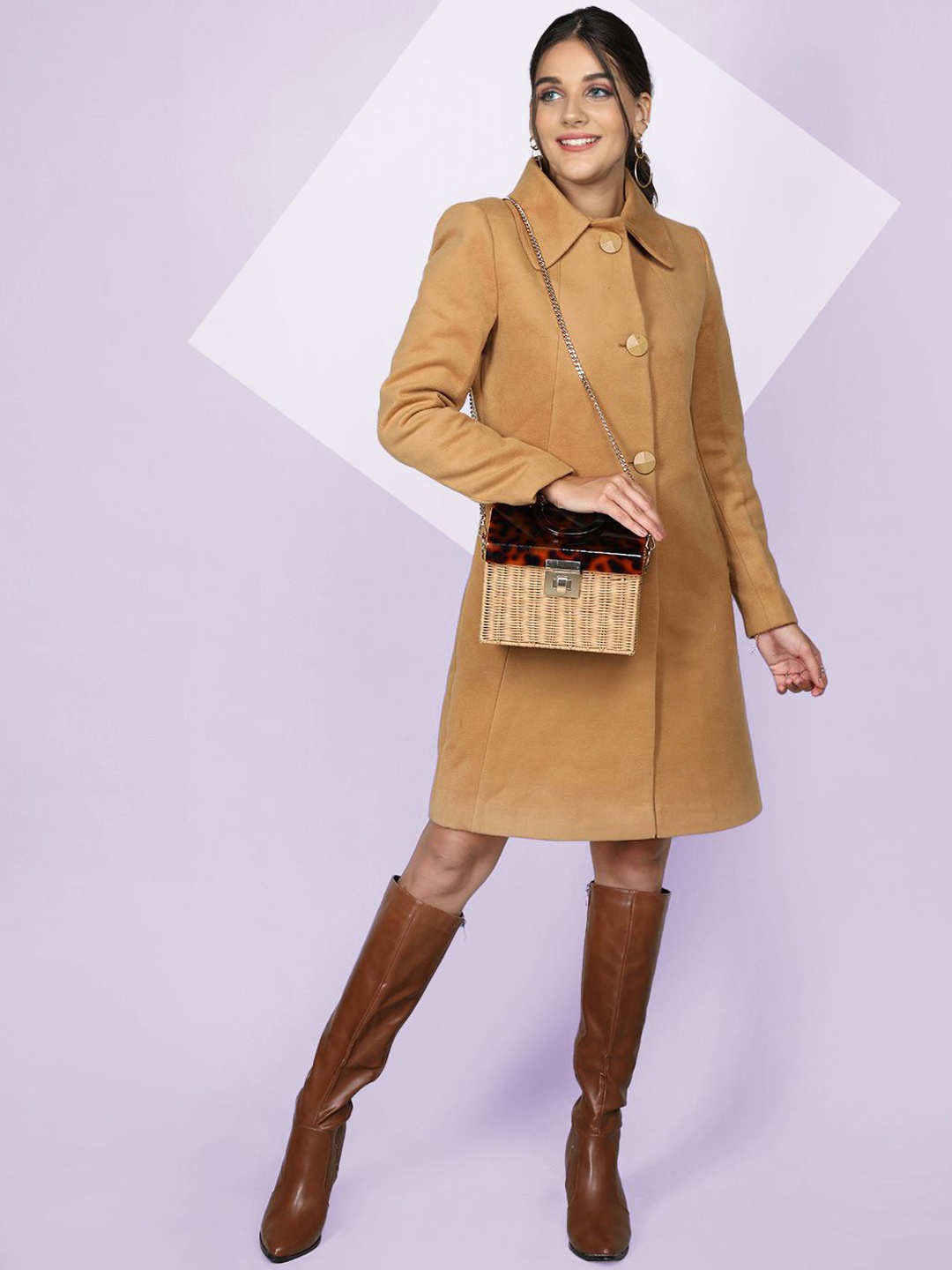 

The Roadster Lifestyle Co. Women Solid Single Breasted Woollen Overcoat, Camel brown