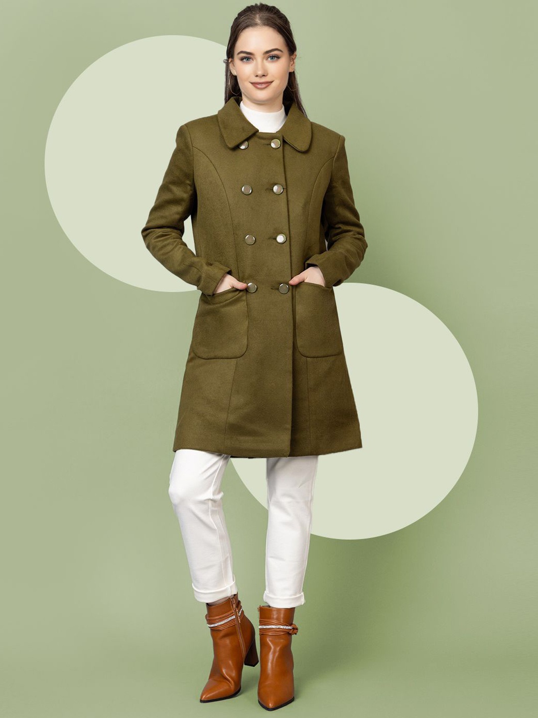 

The Roadster Lifestyle Co. Women Solid Double Breasted Woollen Trench Coat, Olive