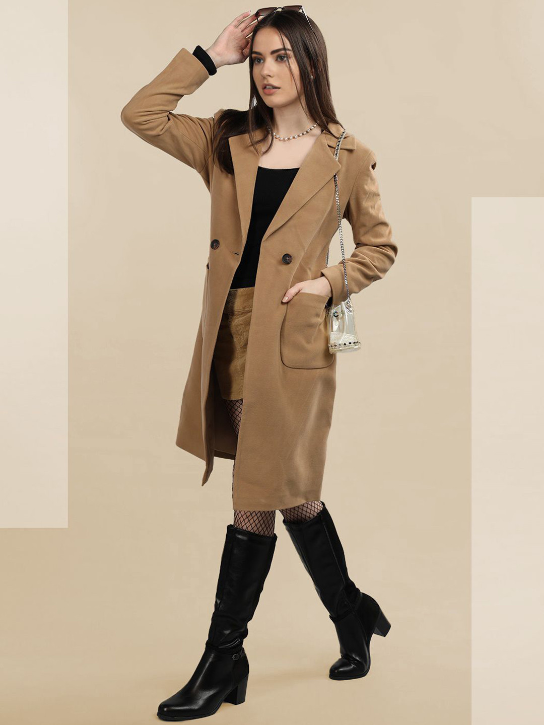 

The Roadster Lifestyle Co. Women Solid Double Breasted Woollen Trench Coat With Belt, Brown