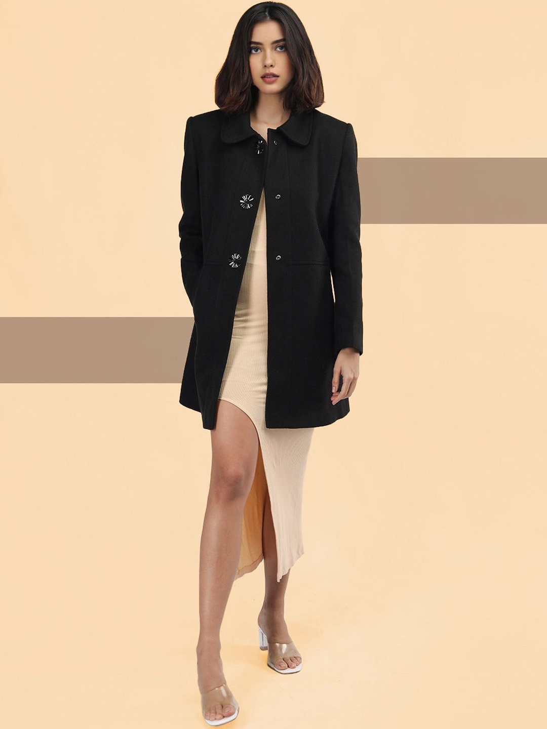 

The Roadster Lifestyle Co. Women Solid Single Breasted Wool Overcoat With Belt, Black