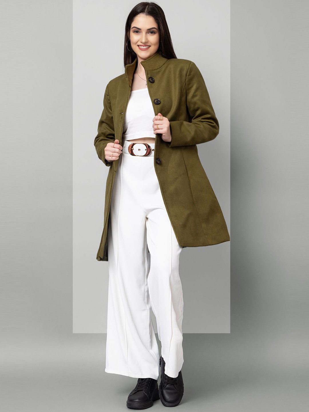 

The Roadster Lifestyle Co. Women Solid Woollen Single Breasted Overcoat, Olive