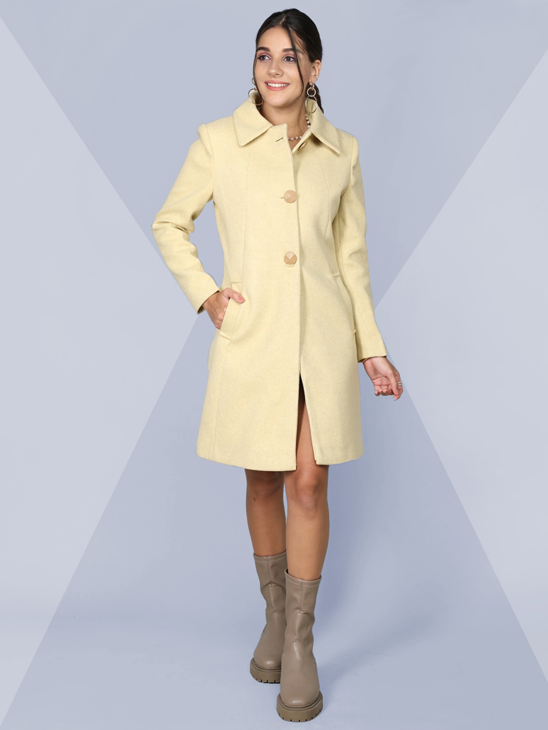 

The Roadster Lifestyle Co. Women Spread Collar Single-Breasted Solid Woollen Overcoat, Yellow