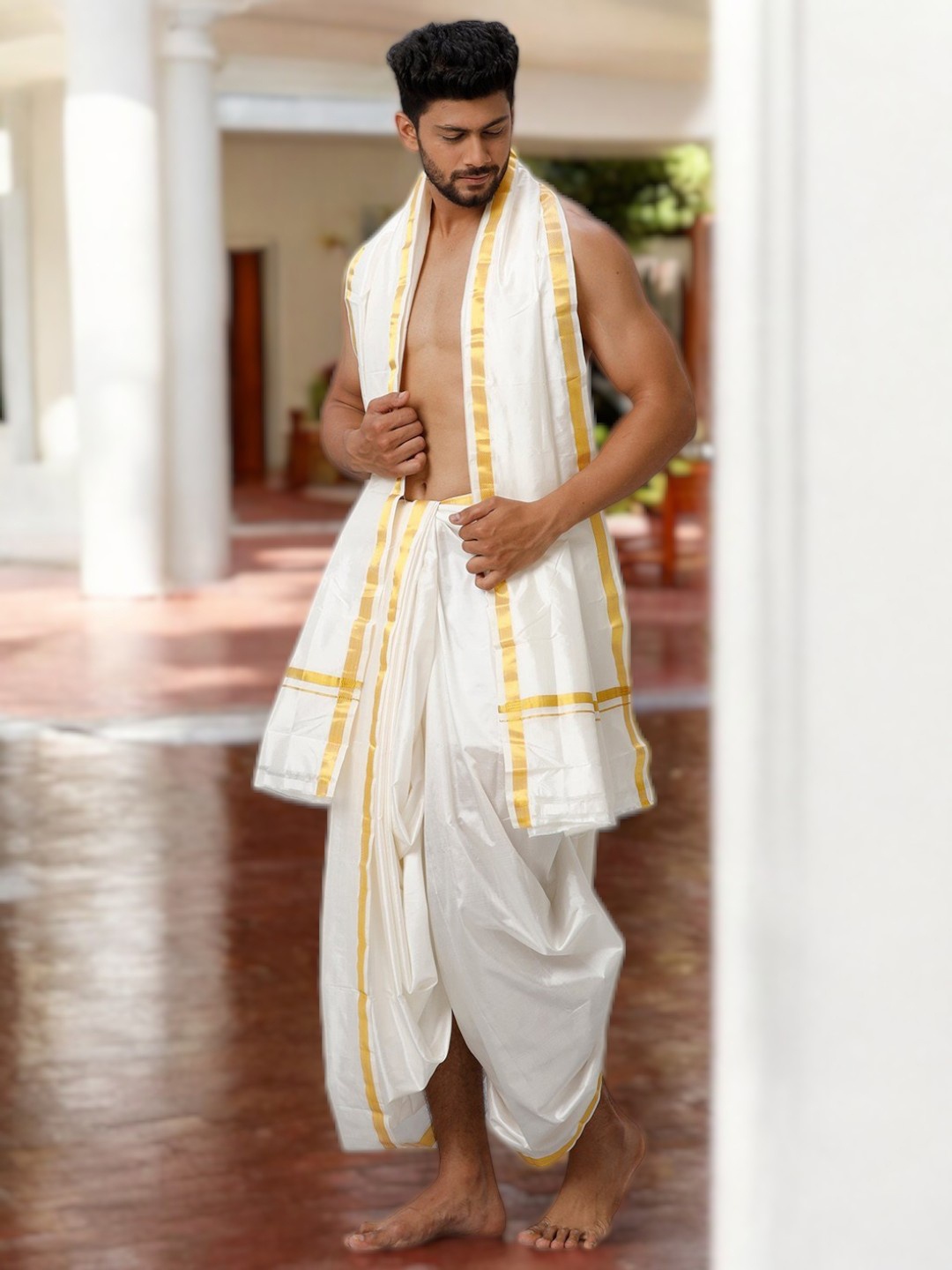 

Ramraj Men Panchakacham with Angavastram, White