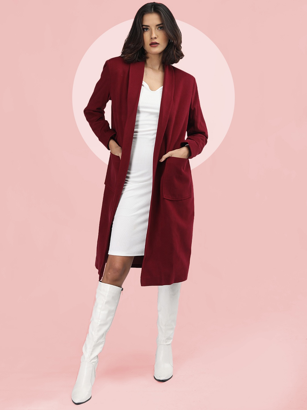 

The Roadster Lifestyle Co. Women Solid Front Open Woollen Trench Coat, Maroon