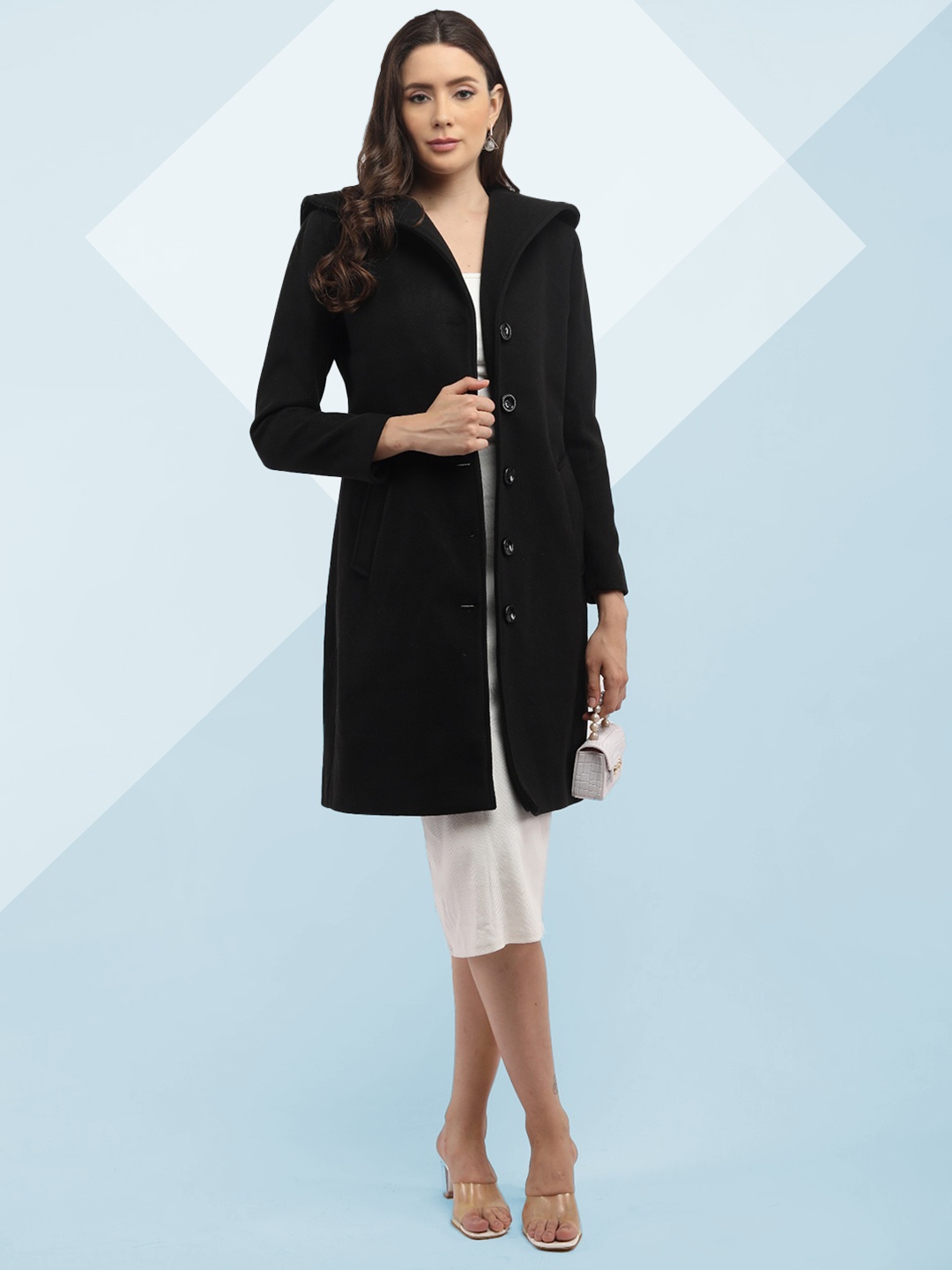 

The Roadster Lifestyle Co. Women Solid Wool Spread Collar Single Breasted Overcoat, Black