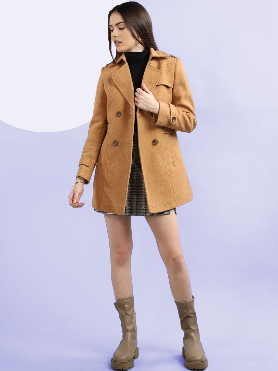 

The Roadster Lifestyle Co. Women Double Breasted Solid Woollen Pea Coat, Camel brown