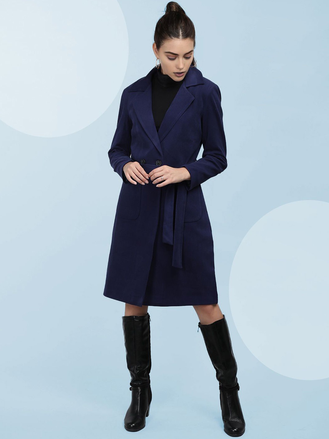 

The Roadster Lifestyle Co. Women Solid Wool Double Breasted Trench Coat With Belt, Navy blue
