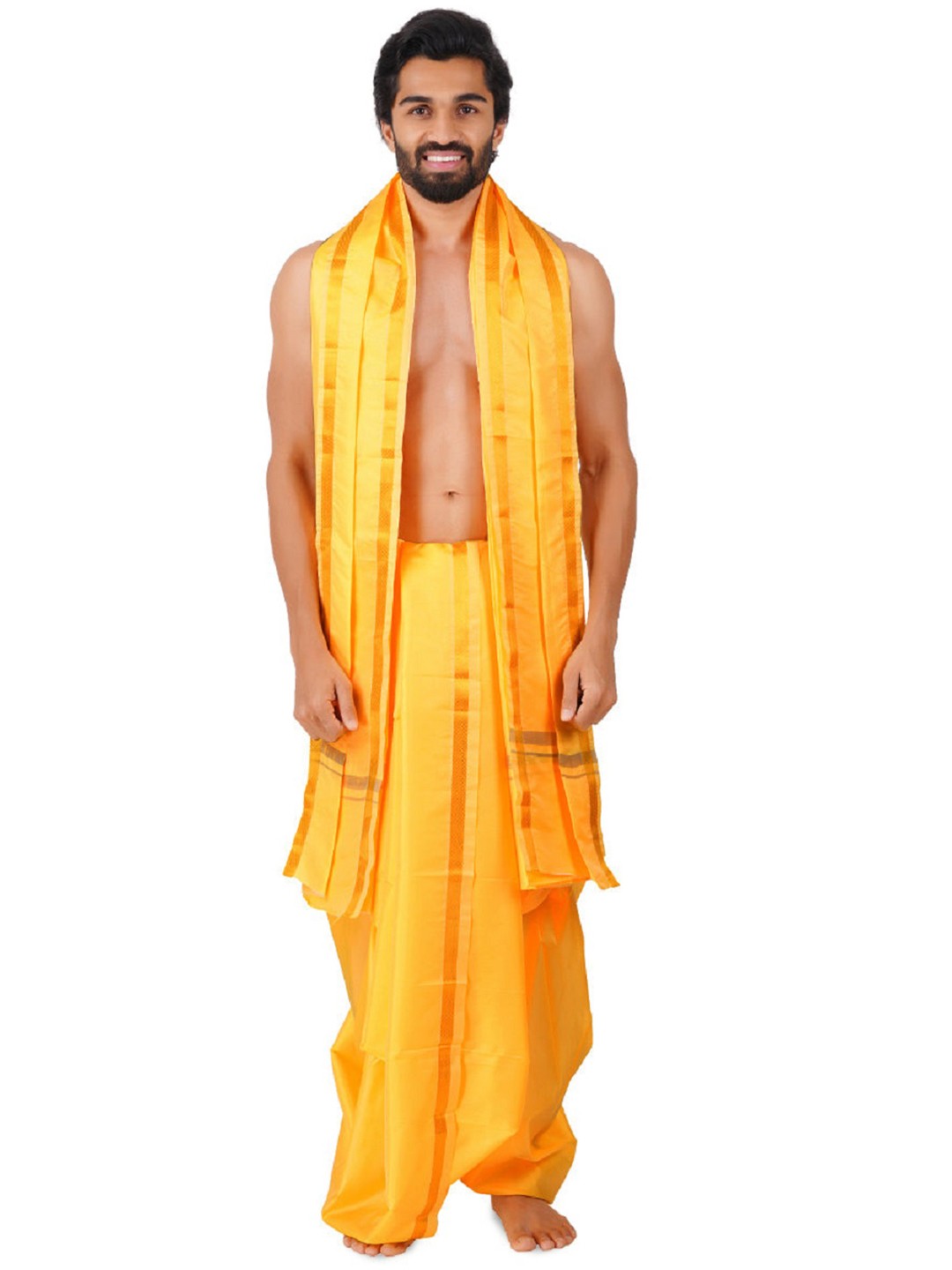 

Ramraj Men Art Silk Panchakacham Dhoti with Angavastram, Yellow