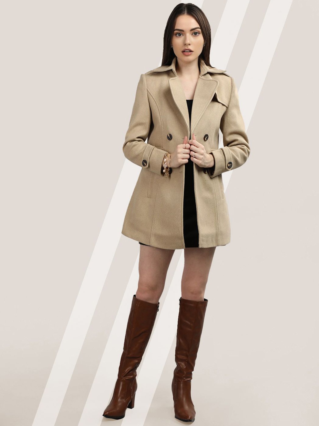 

The Roadster Lifestyle Co. Women Solid Double Breasted Woollen Overcoat, Beige