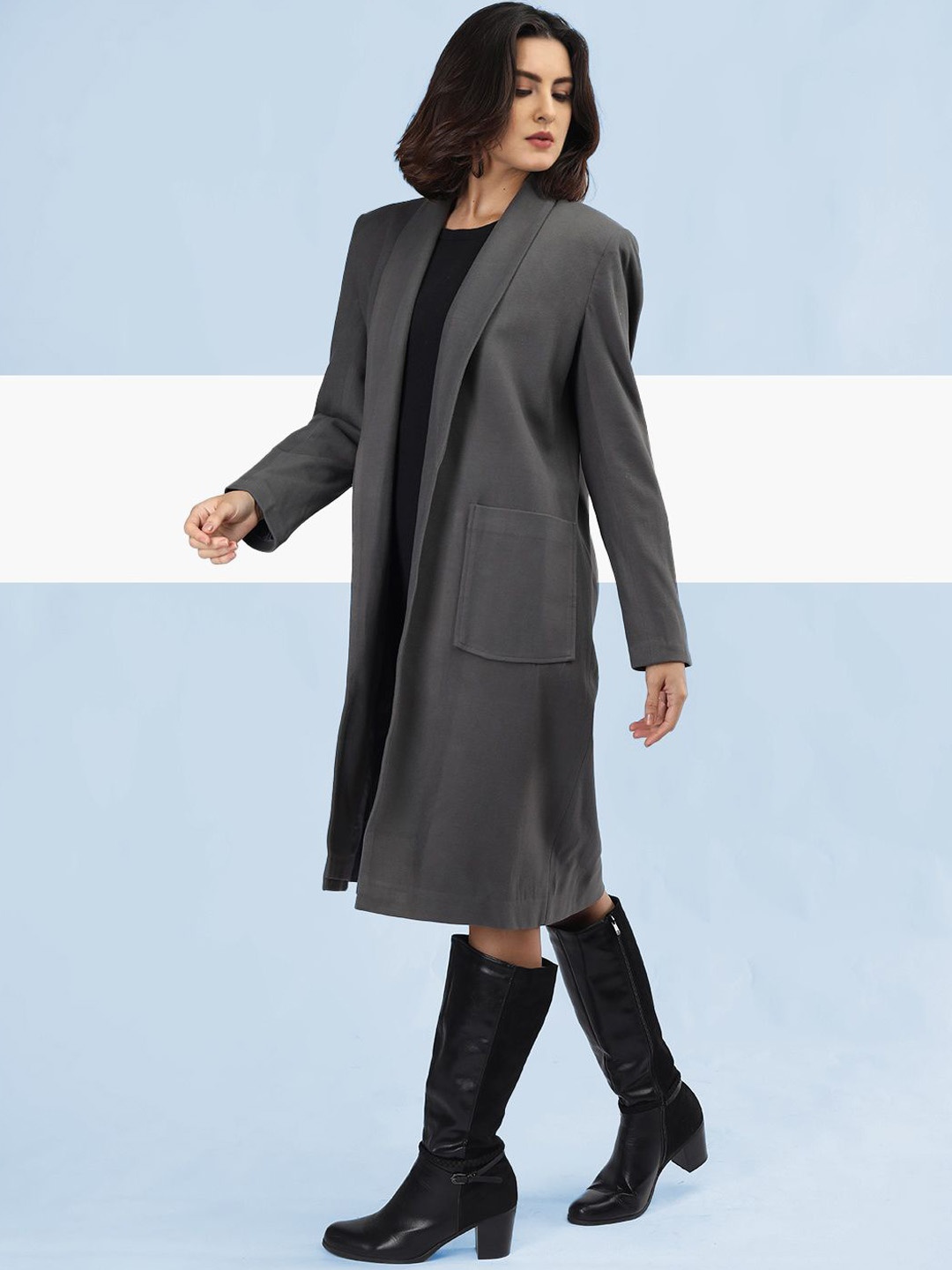 

The Roadster Lifestyle Co. Women Solid Front Open Woollen Trench Coat, Grey