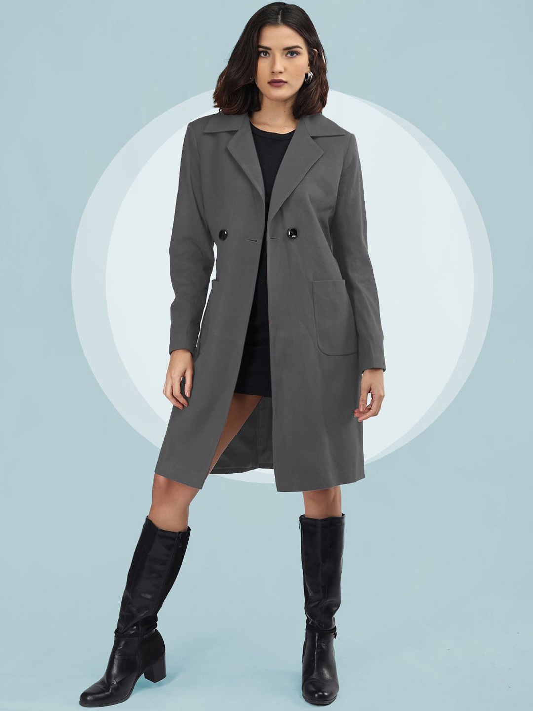 

The Roadster Lifestyle Co. Women Solid Double Breasted Woollen Trench Coat With Belt, Grey