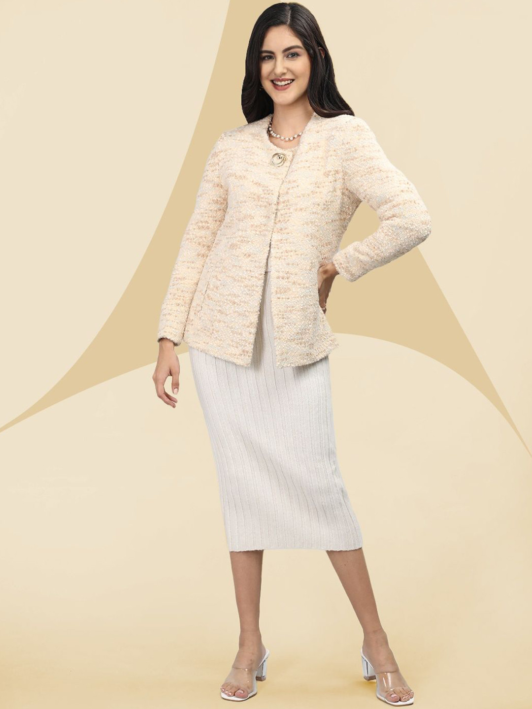 

The Roadster Lifestyle Co. Women Self Design Woollen Single Breasted Overcoat, Cream