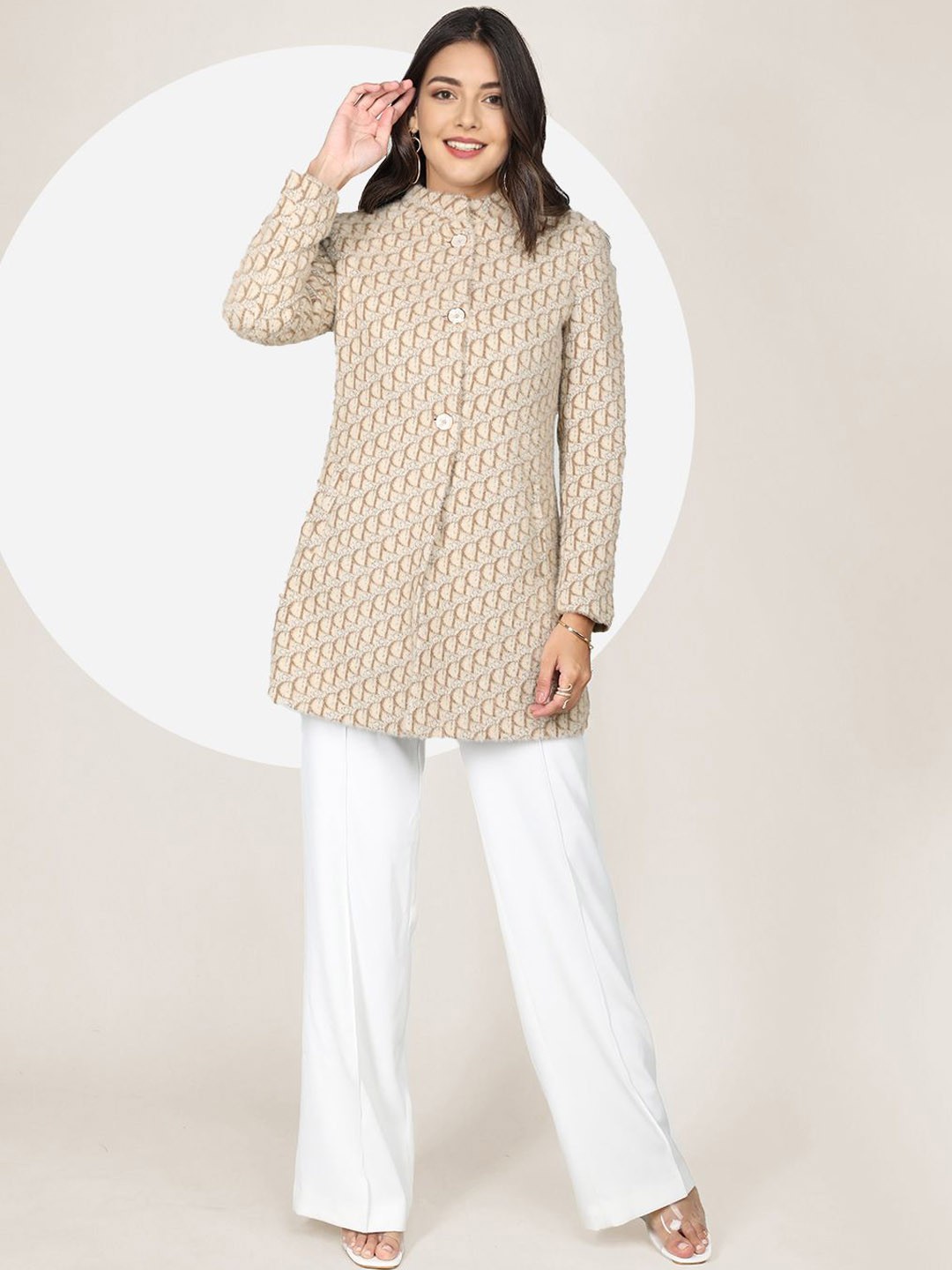 

The Roadster Lifestyle Co. Women Self design Woollen Overcoat, Beige