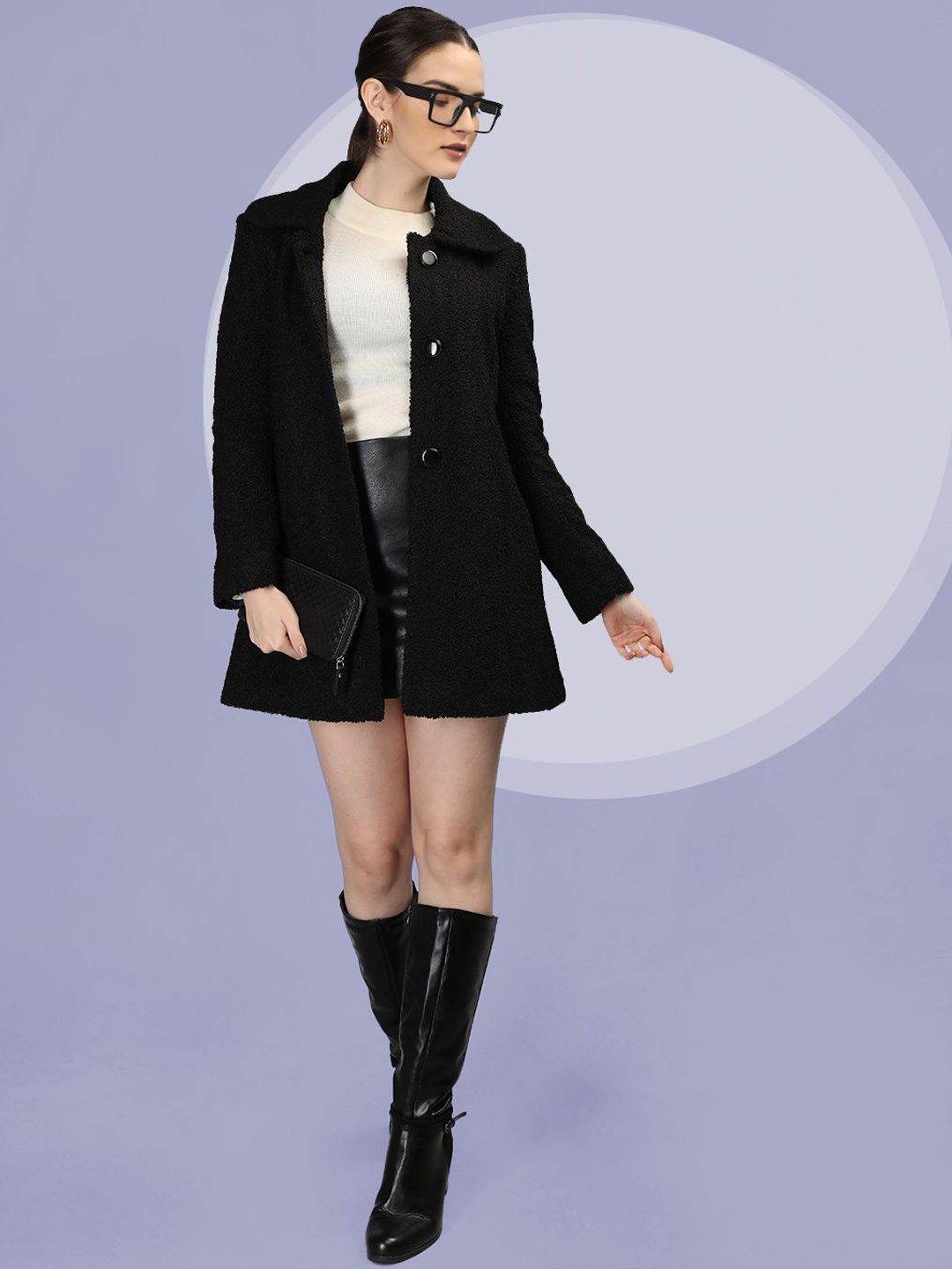 

The Roadster Lifestyle Co. Women Woollen Single-Breasted Solid Overcoat, Black