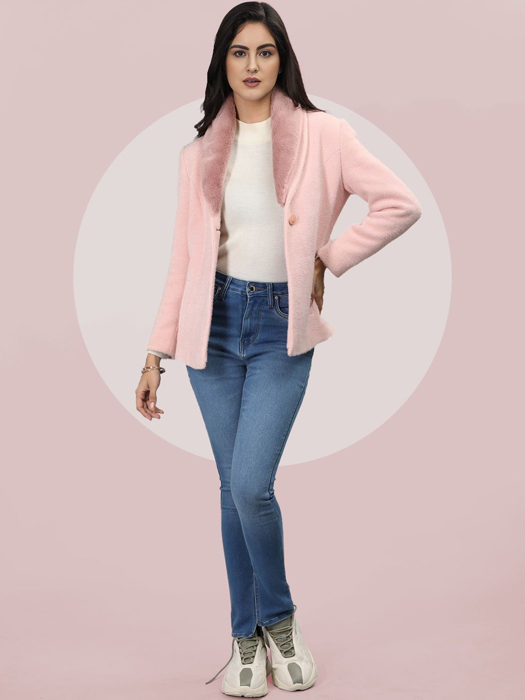 

The Roadster Lifestyle Co. Women Solid Fur Collar Single Breasted Woollen Overcoat, Peach