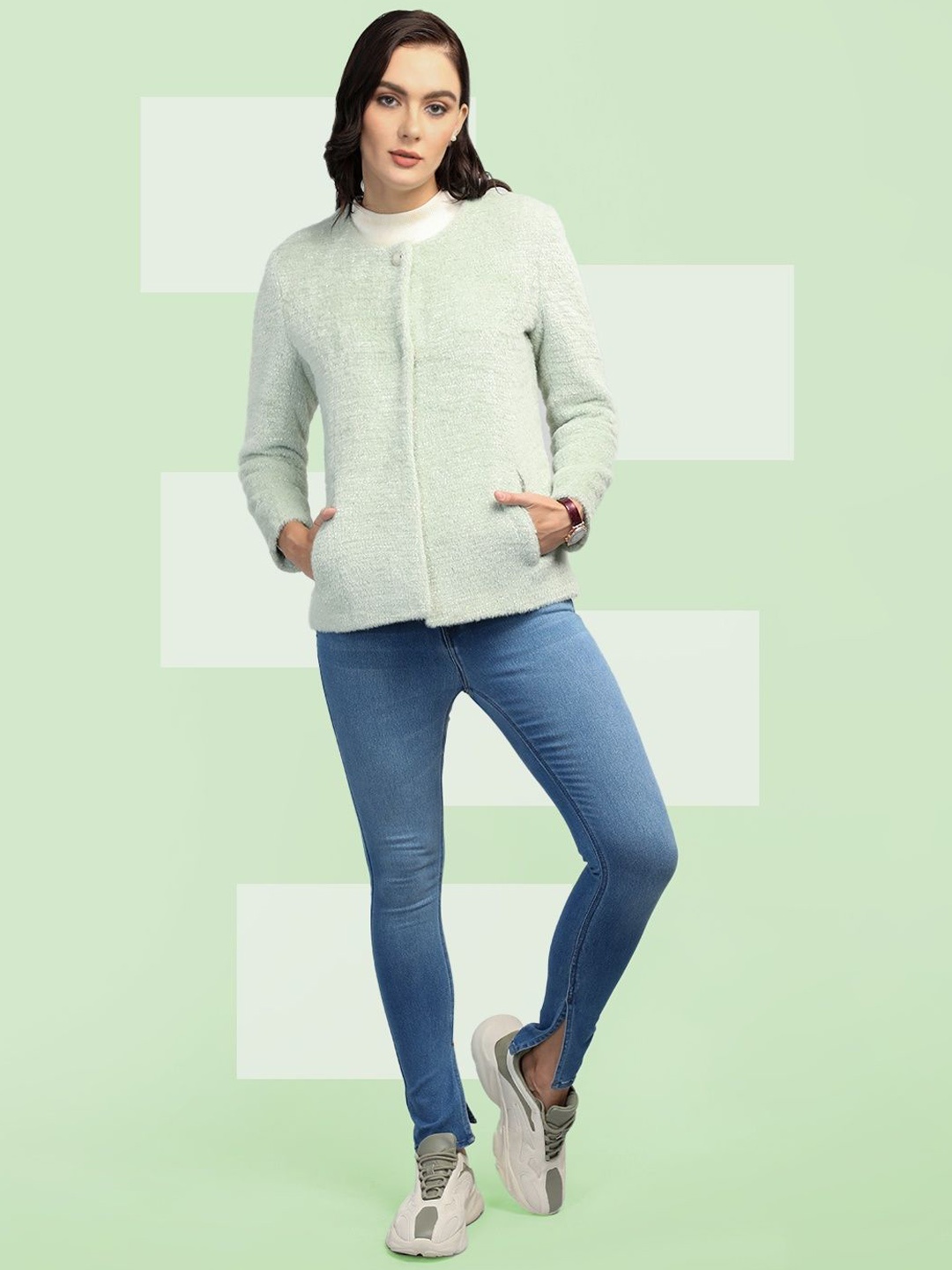 

The Roadster Lifestyle Co. Women Self design Woollen Overcoat, Green