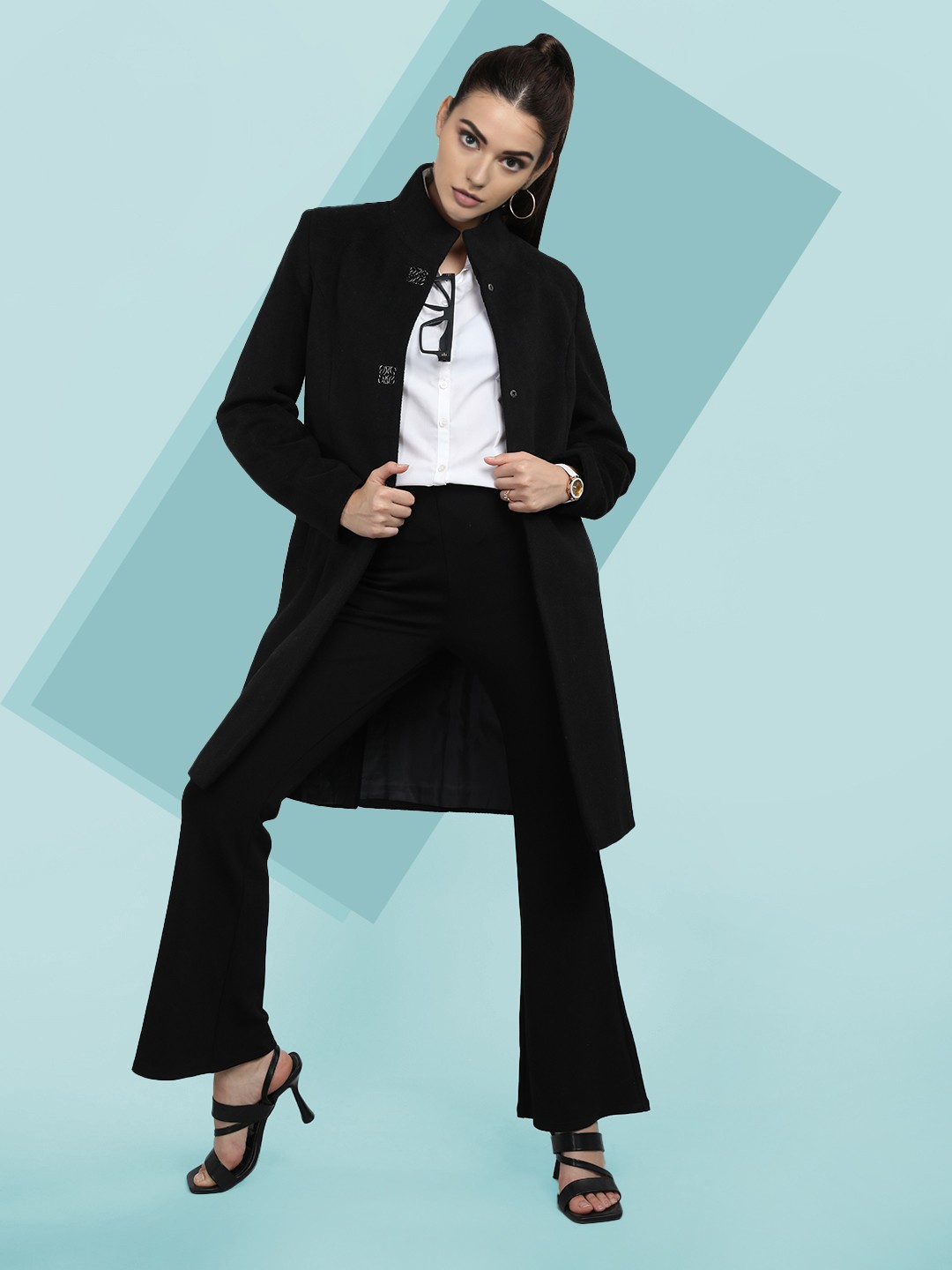 

The Roadster Lifestyle Co. Women Stand Collar Single-Breasted Solid Woollen Overcoat, Black