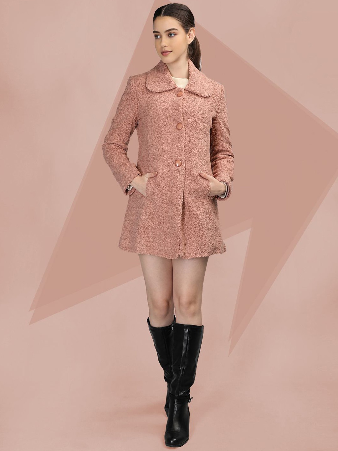 

The Roadster Lifestyle Co. Women Self Design Woollen Single Breasted Overcoat, Peach
