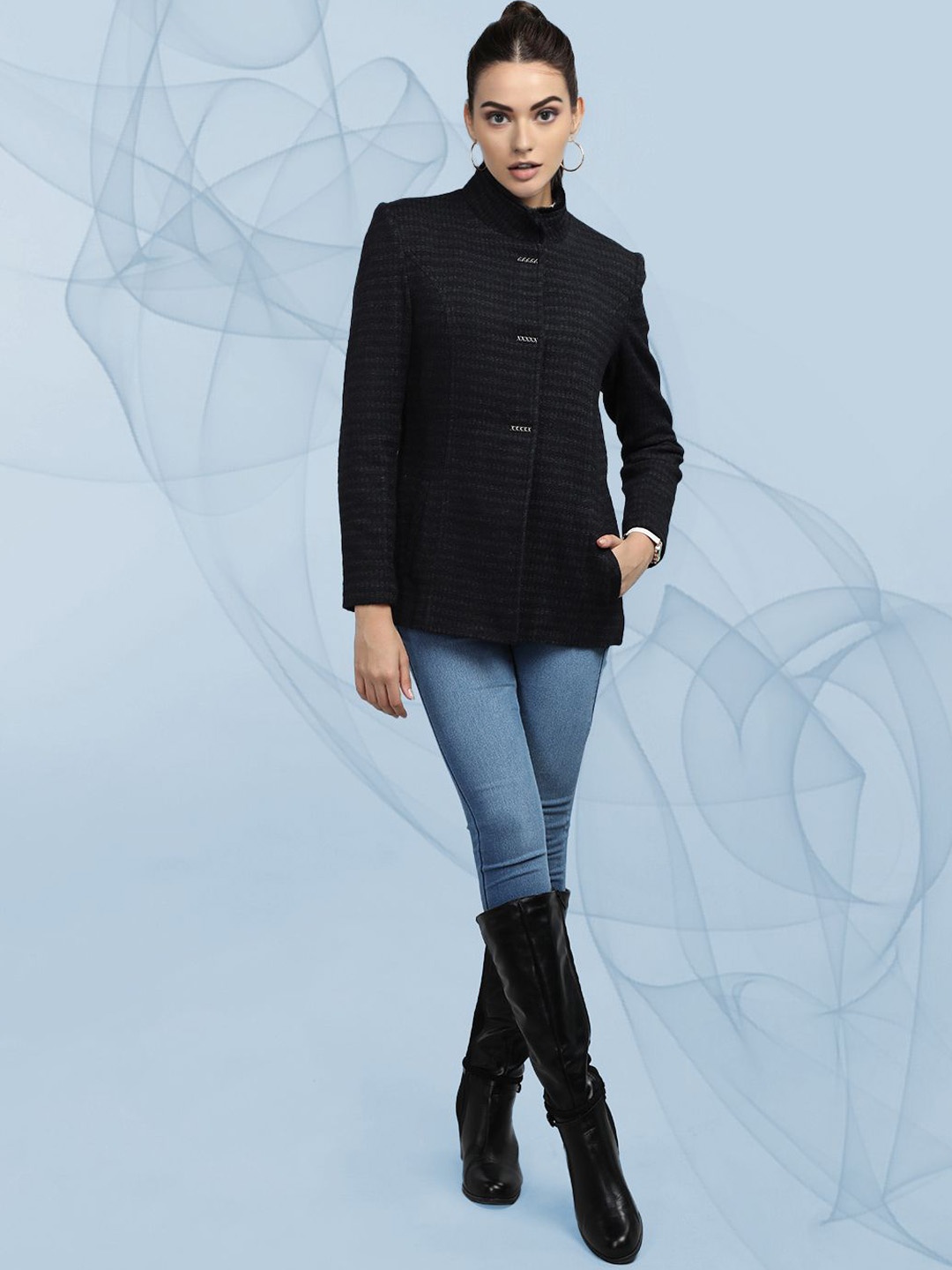 

The Roadster Lifestyle Co. Women Self Design Single Breasted Woollen Overcoat, Black