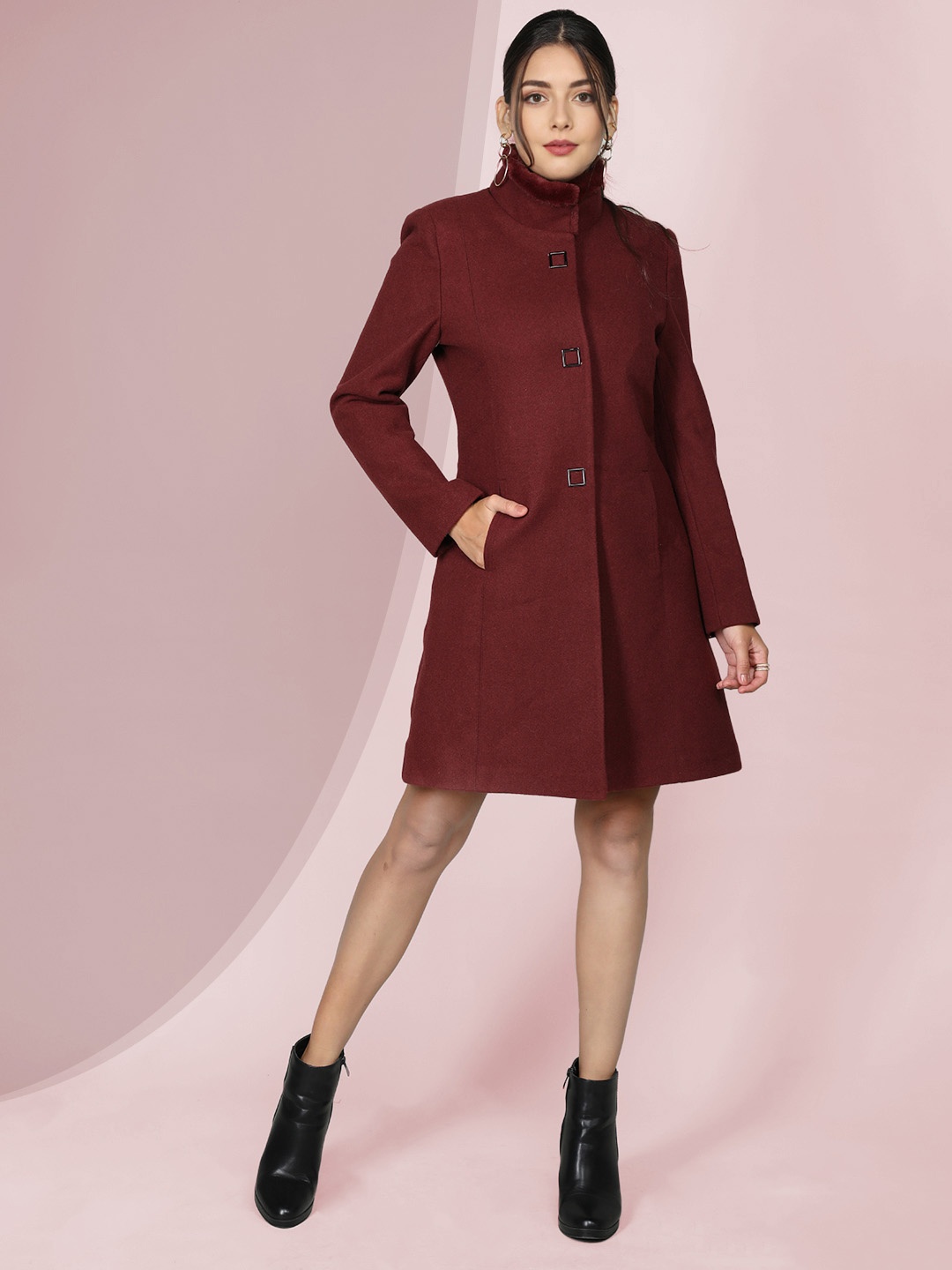 

The Roadster Lifestyle Co. Women Solid Wool Stand Collar Single Breasted Overcoat, Maroon