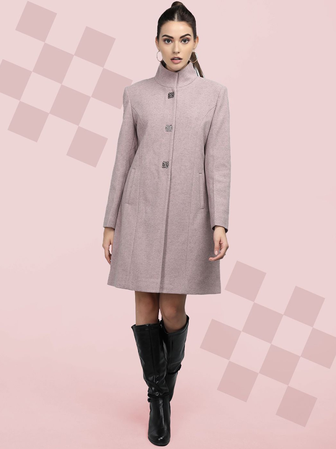 

The Roadster Lifestyle Co. Women Stand Collar Solid Woollen Overcoat, Peach